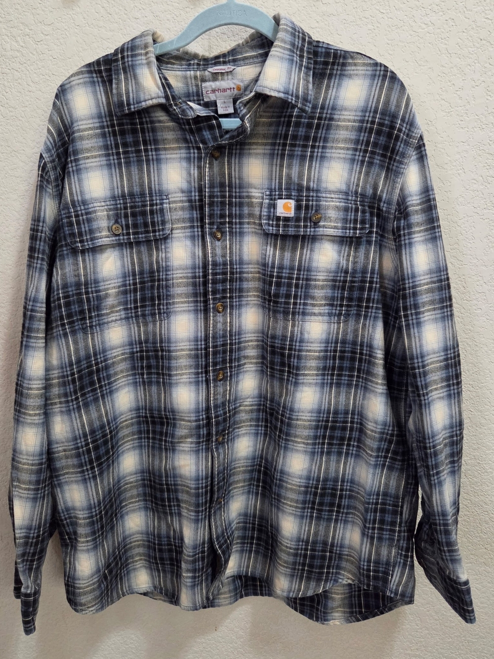 Carhartt Men’s Navy and White Plaid Button-Down Shirt